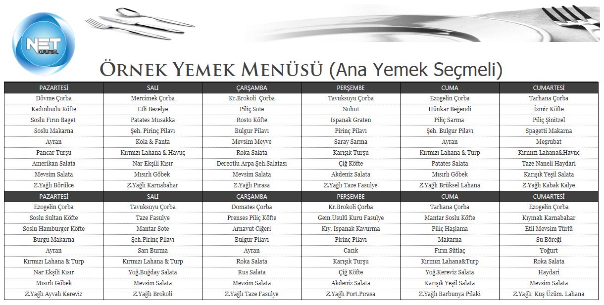 8+6 Çeşit Yemek Menüsü